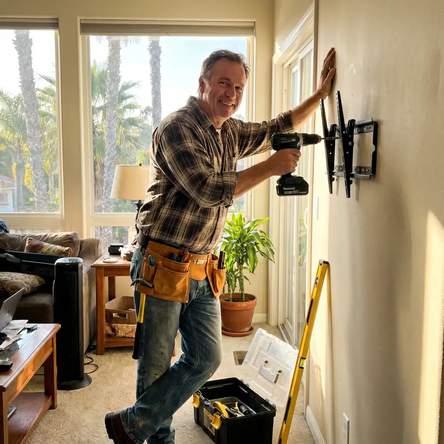 Handyman mounting a TV bracket on a living room wall