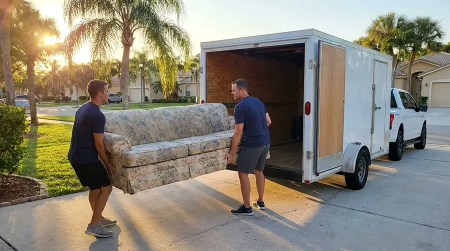The crew loading an old couch into the white enclosed trailer